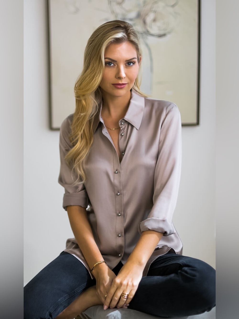 Ravella Milano Silk Classic Women's Button-Front Blouse in Taupe